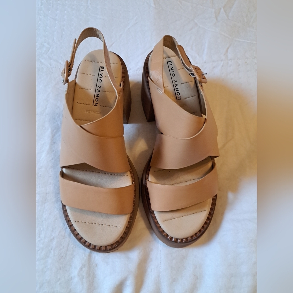 Elvio Zanon Slingback Heels Chunky Heel Sandals Neutral Leather 8.5 EUC - Picture 2 of 8